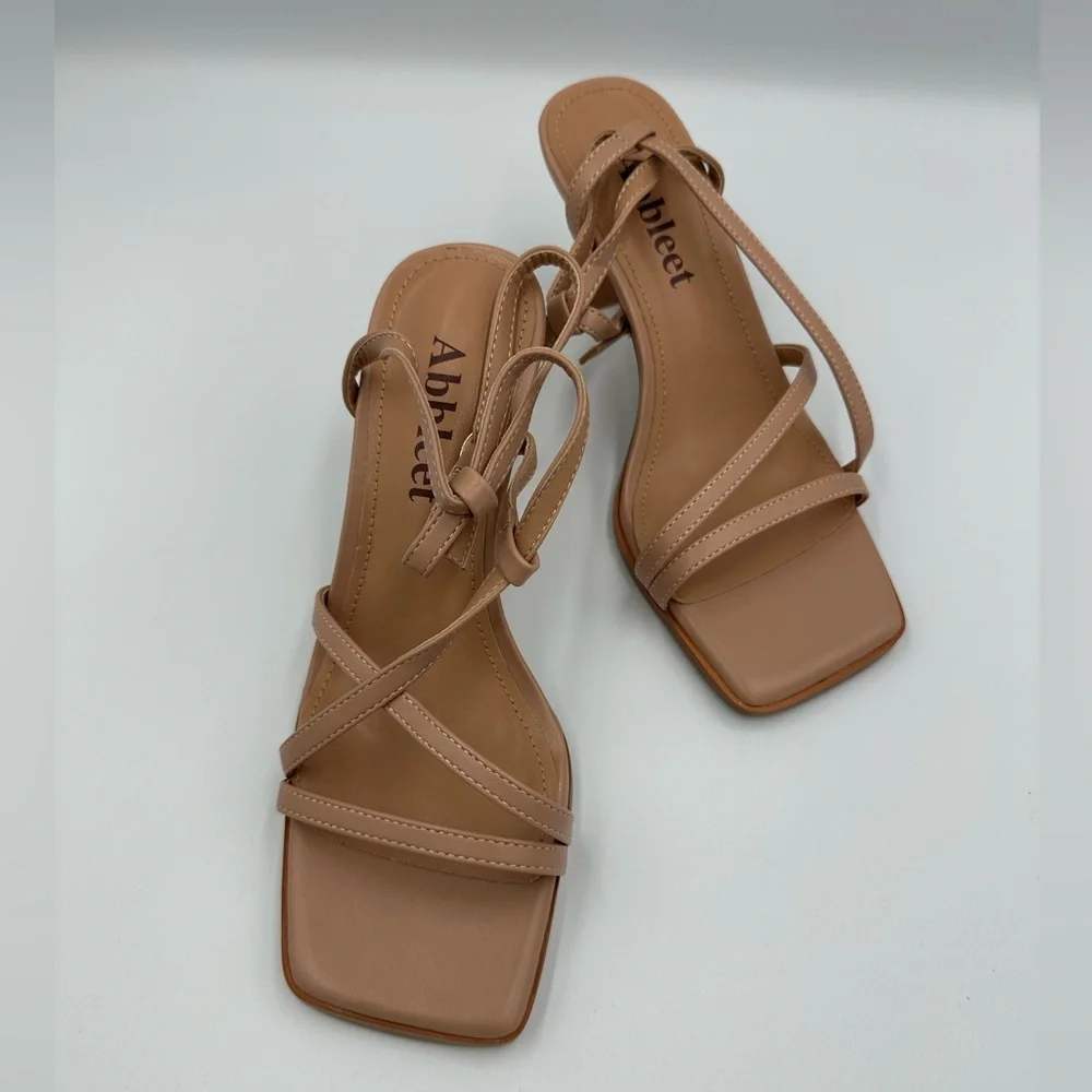 Abbleet Nude Strappy Square Toe Heels – Size 6, Block Heel Sandals, uln
